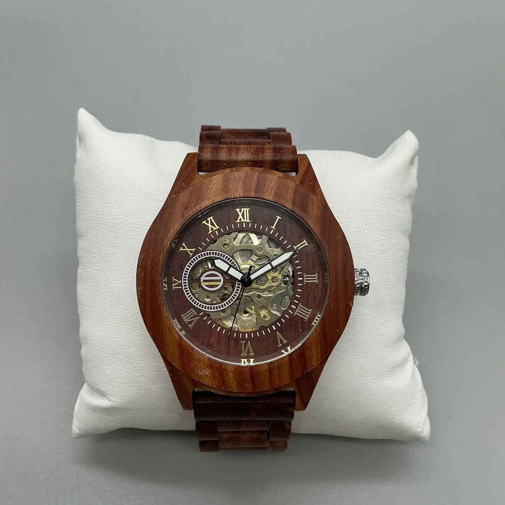 Mens Watch 45mm Brown Skeleton Dial Wood Bracelet Automatic Gold Tone 8.75
